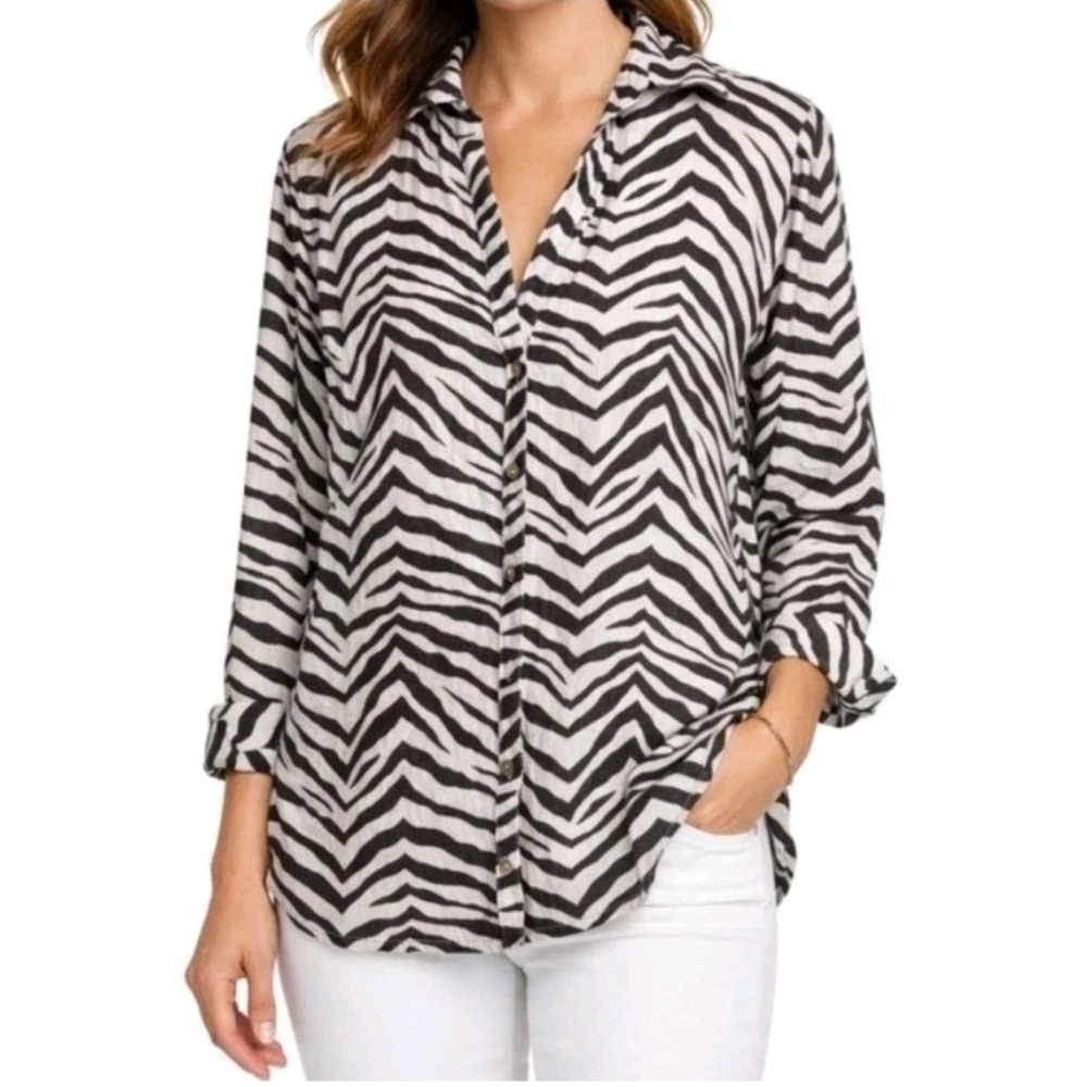 Tahari 100% Linen Button Up Shirt Womens 2X Zebra Stripe Black Tunic Career